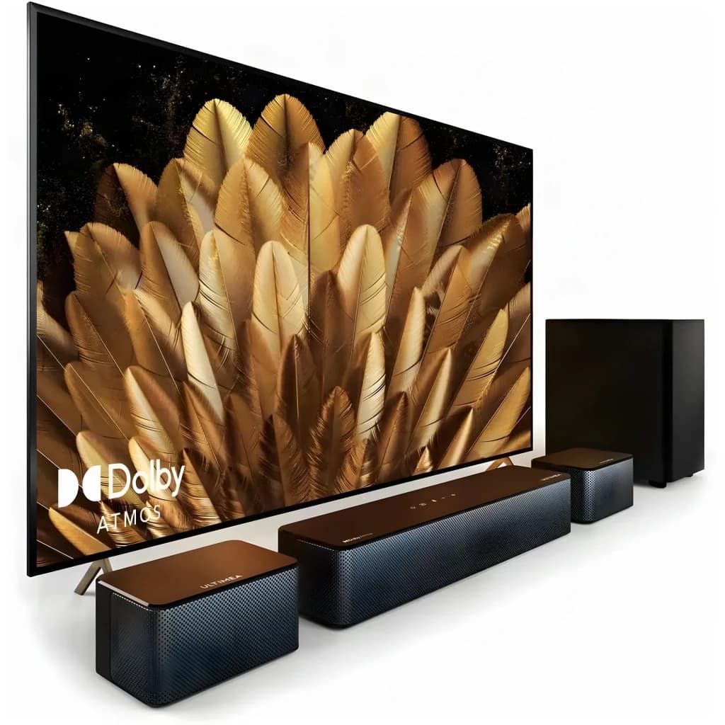 Ultimea Poseidon D60 Soundbar negro, conjunto: barra, subwoofer y altavoces traseros frente a TV con logo Dolby Atmos