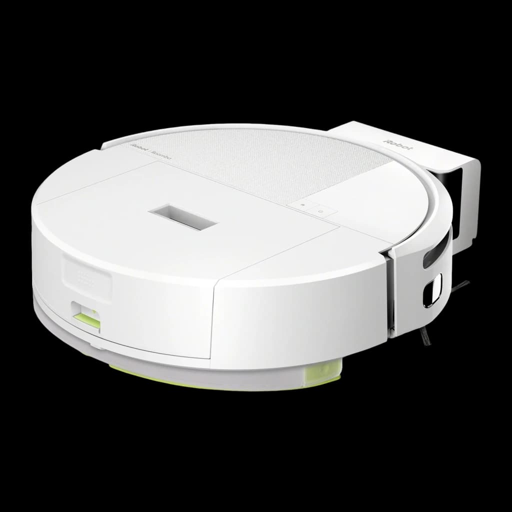 iRobot Roomba 205 blanc, vue diagonale dessus: couvercle texturé, réservoir vert et brosse latérale