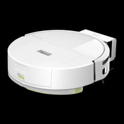 iRobot Roomba 205 blanc, vue diagonale dessus: couvercle texturé, réservoir vert et brosse latérale