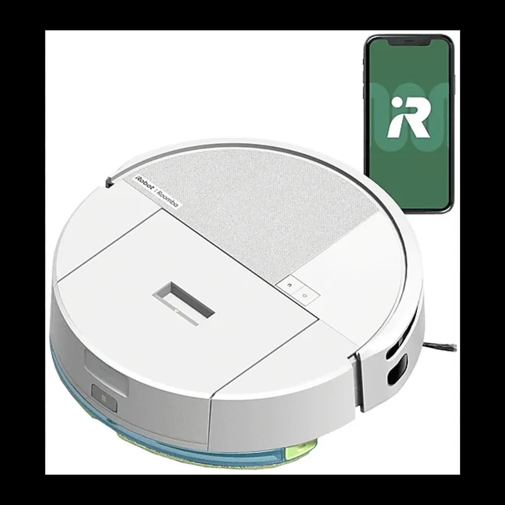 iRobot Roomba 205 Blanc, vue supérieure en angle: robot avec serpillière visible et smartphone avec app iRobot