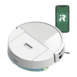 iRobot Roomba 205 Blanc, vue supérieure en angle: robot avec serpillière visible et smartphone avec app iRobot