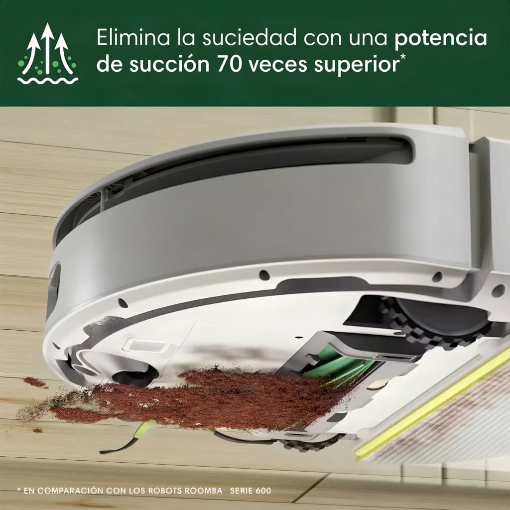iRobot Roomba 205 Blanc, vue dessous: brosses et système d'aspiration ramassant des saletés sur parquet