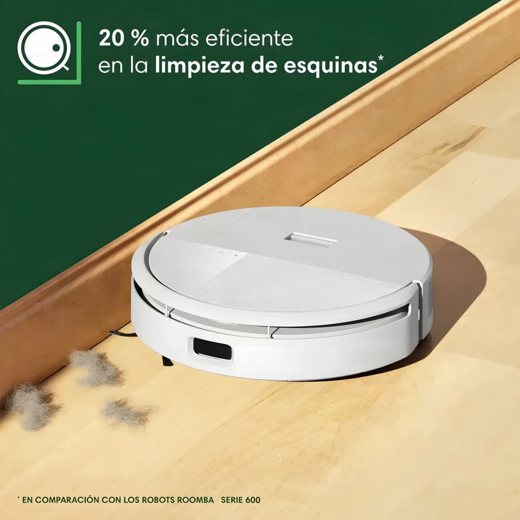 iRobot Roomba 205 Blanc, vue latérale: robot nettoyant un coin près de la plinthe sur parquet