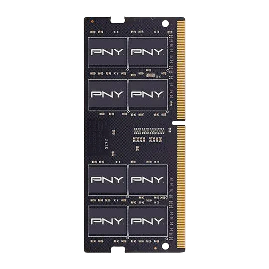 PNY DDR4 SO-DIMM 16GB negro, vista frontal: cara superior con 8 chips de memoria y contactos dorados - Ítem1