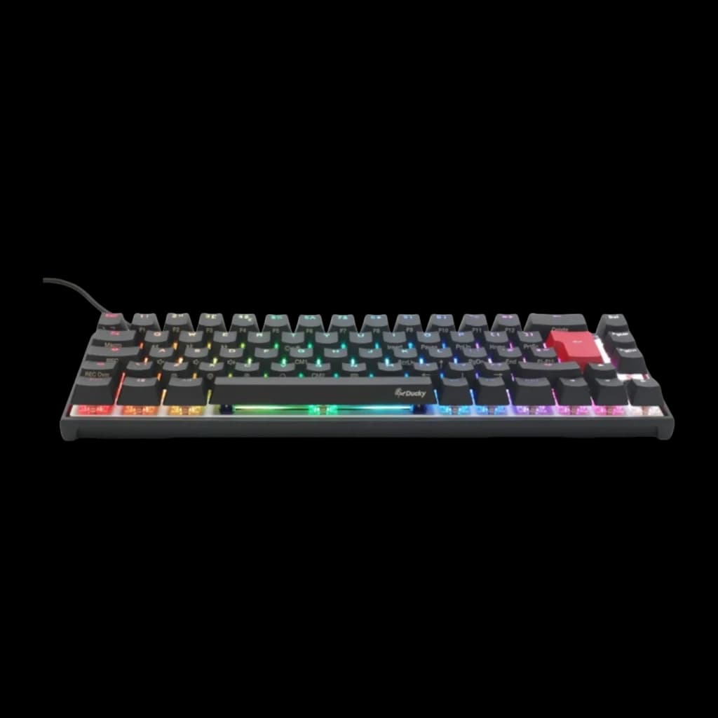 Ducky Mecha Pro SF RGB MX Black noir, vue en perspective: profil bas, bande RGB sur la base et câble USB visible à gauche