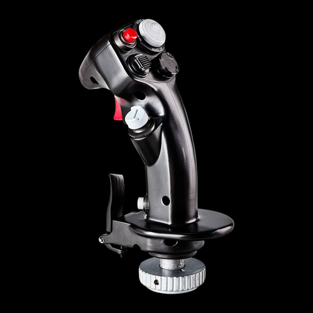Thrustmaster F-16C Viper HOTAS Add-On Grip noir, vue latérale gauche: bouton blanc latéral visible, levier de frein et base