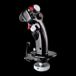 Thrustmaster F-16C Viper HOTAS Add-On Grip noir, vue latérale gauche: bouton blanc latéral visible, levier de frein et base