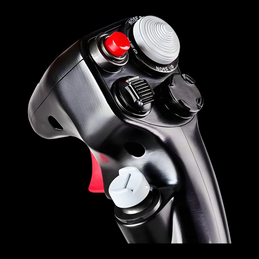 Thrustmaster F-16C Viper HOTAS Add-On Grip noir, vue avant supérieure: bouton rouge, thumbstick blanc Nose Up et molettes