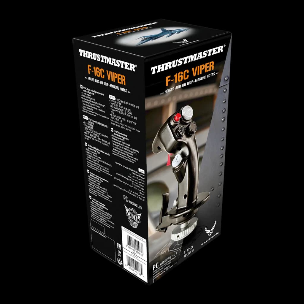 Thrustmaster F-16C Viper HOTAS Add-On Grip noir, boîte côté: packaging sombre avec photo du grip et texte multilingue