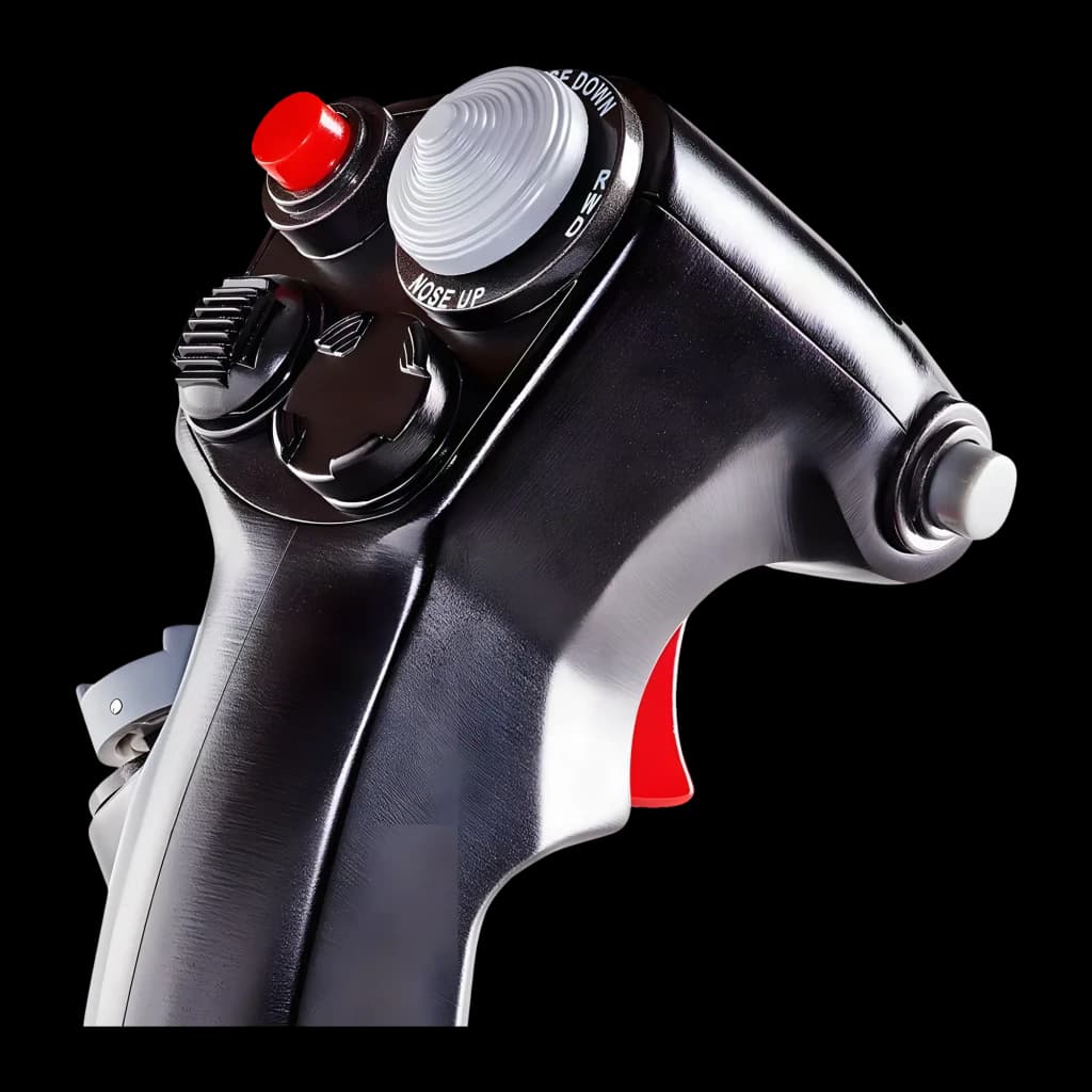 Thrustmaster F-16C Viper HOTAS Add-On Grip noir, vue latérale: bouton rouge, ministick, gâchette rouge et commandes