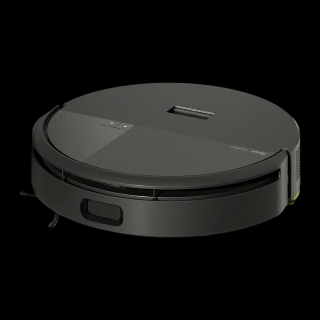 iRobot Roomba 205 noir, vue supérieure en angle: panneau avec boutons, capteur et brosse latérale jaune