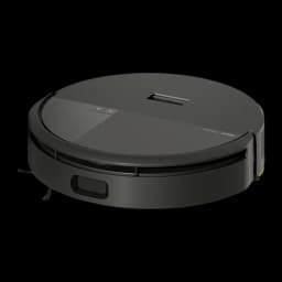 iRobot Roomba 205 noir, vue supérieure en angle: panneau avec boutons, capteur et brosse latérale jaune