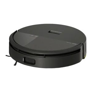 iRobot Roomba 205 negro, vista superior en ángulo: parte superior con botones, sensor y cepillo lateral amarillo