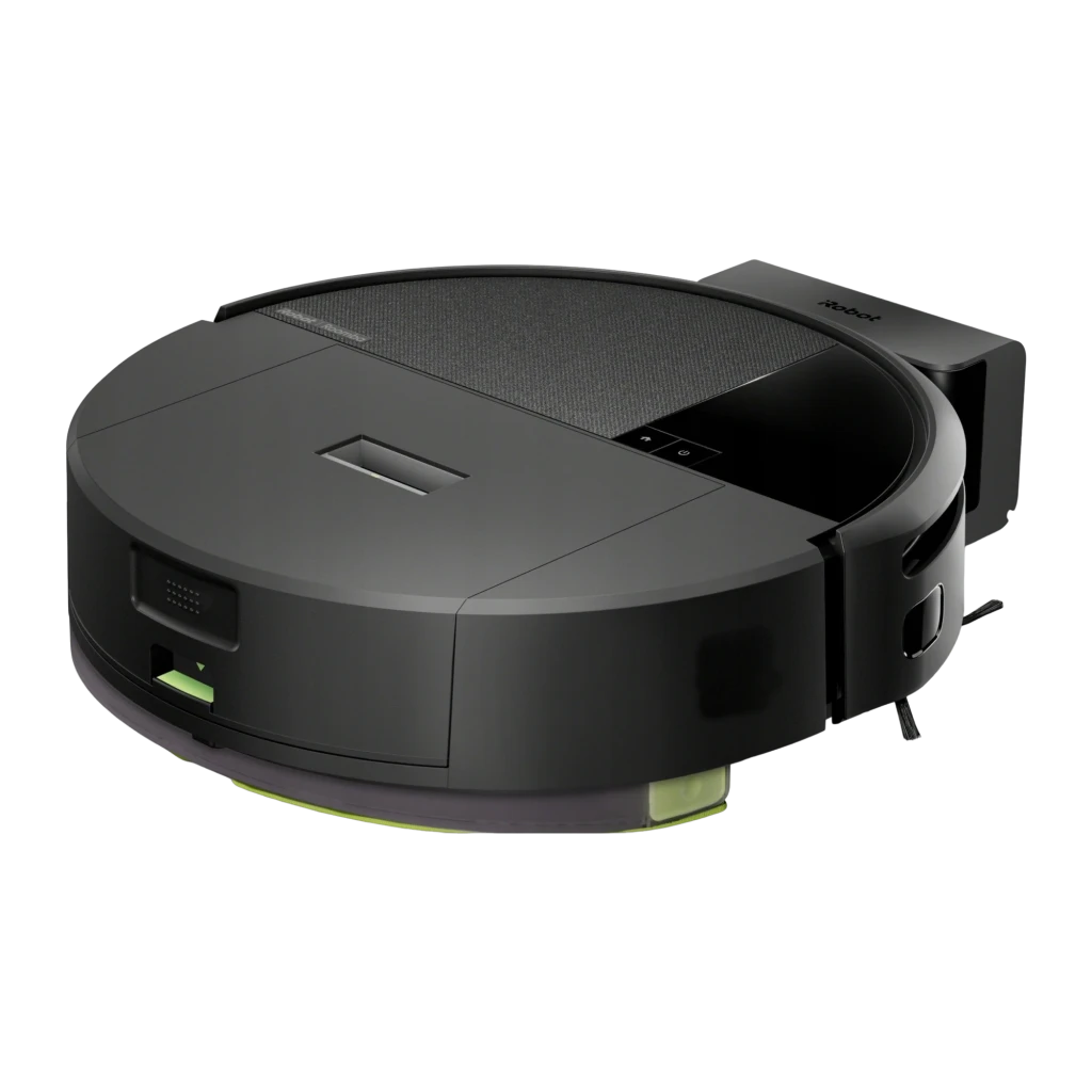 iRobot Roomba 205 preto, vista superior em ângulo: painel superior com botões, sensor e escova lateral amarela - Item1
