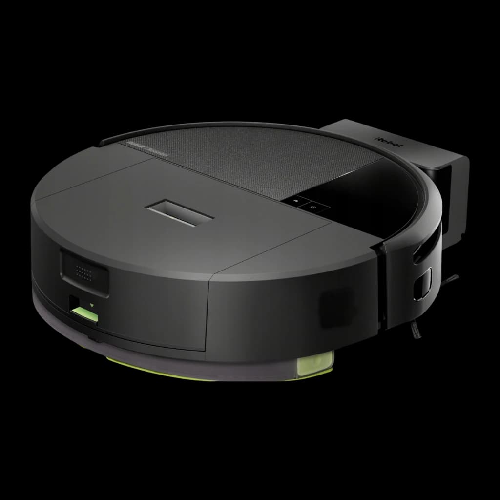 iRobot Roomba 205 noir, vue avant en angle: capteur frontal, réservoir vert et panneau latéral droit visibles