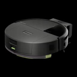 iRobot Roomba 205 noir, vue avant en angle: capteur frontal, réservoir vert et panneau latéral droit visibles