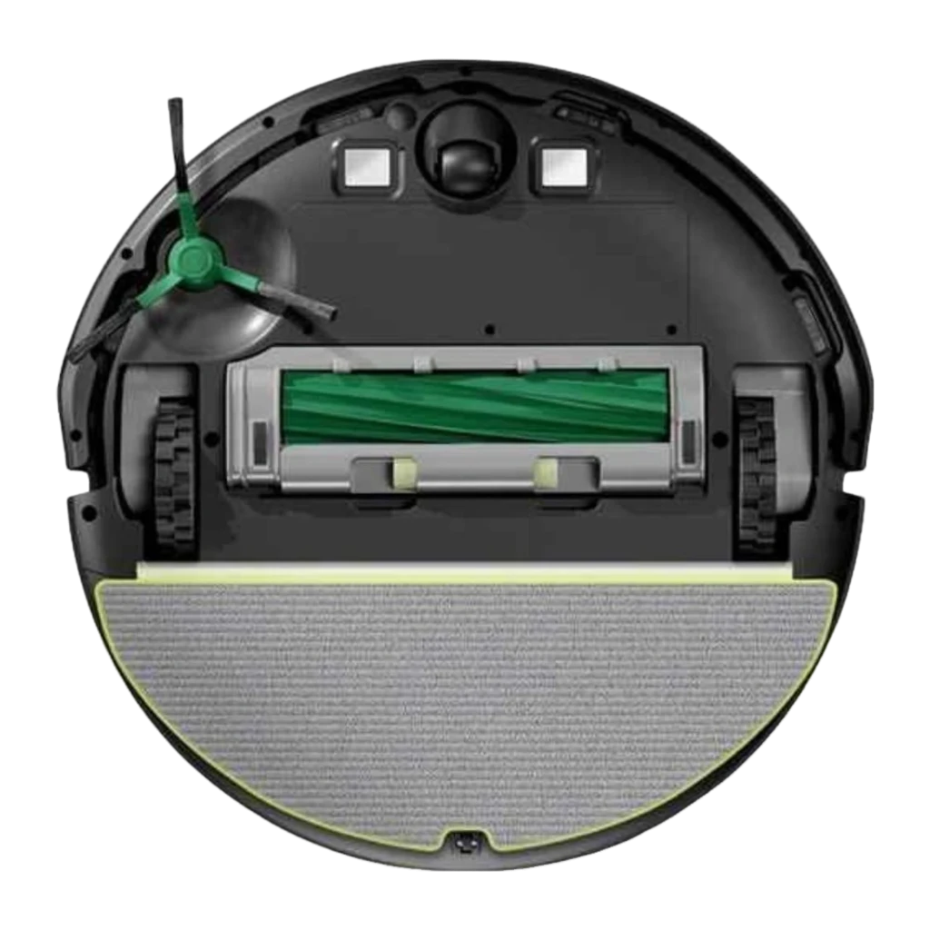 iRobot Roomba 205 preto, vista superior em ângulo: painel superior com botões, sensor e escova lateral amarela - Item2