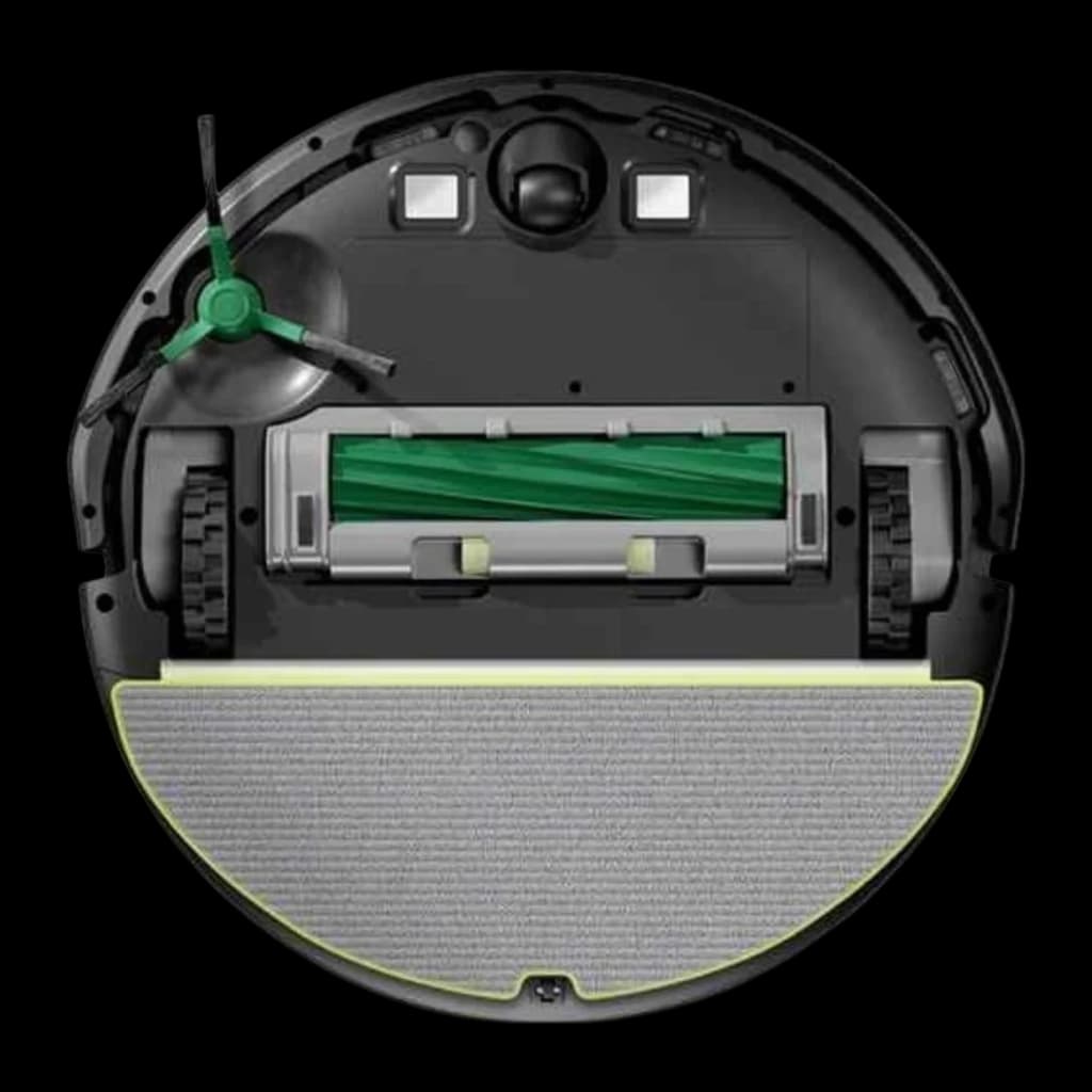 iRobot Roomba 205 noir, vue du dessous: brosse latérale verte, rouleau principal, roues et serpillière semi-circulaire