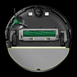 iRobot Roomba 205 noir, vue du dessous: brosse latérale verte, rouleau principal, roues et serpillière semi-circulaire