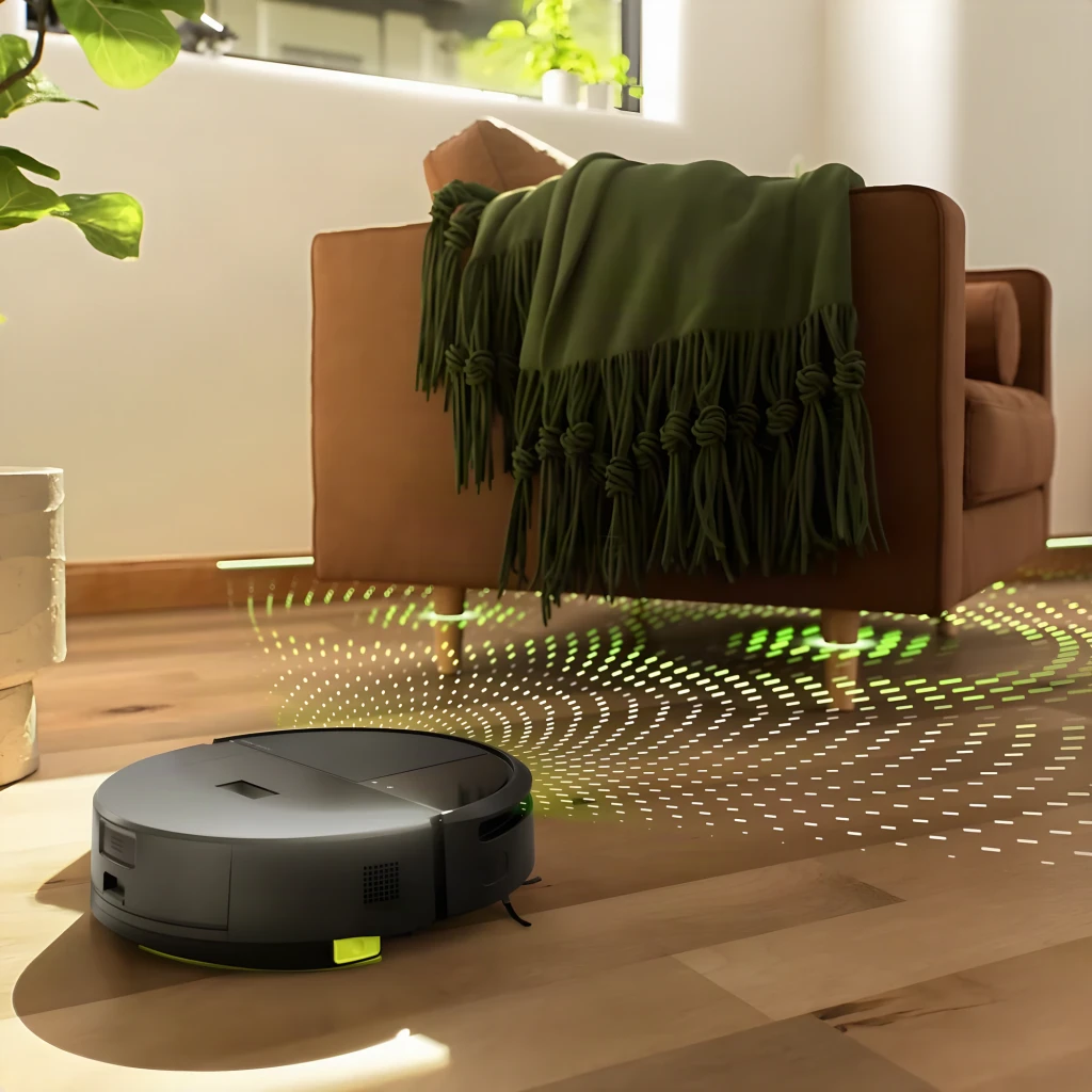 iRobot Roomba 205 preto, vista superior em ângulo: painel superior com botões, sensor e escova lateral amarela - Item3