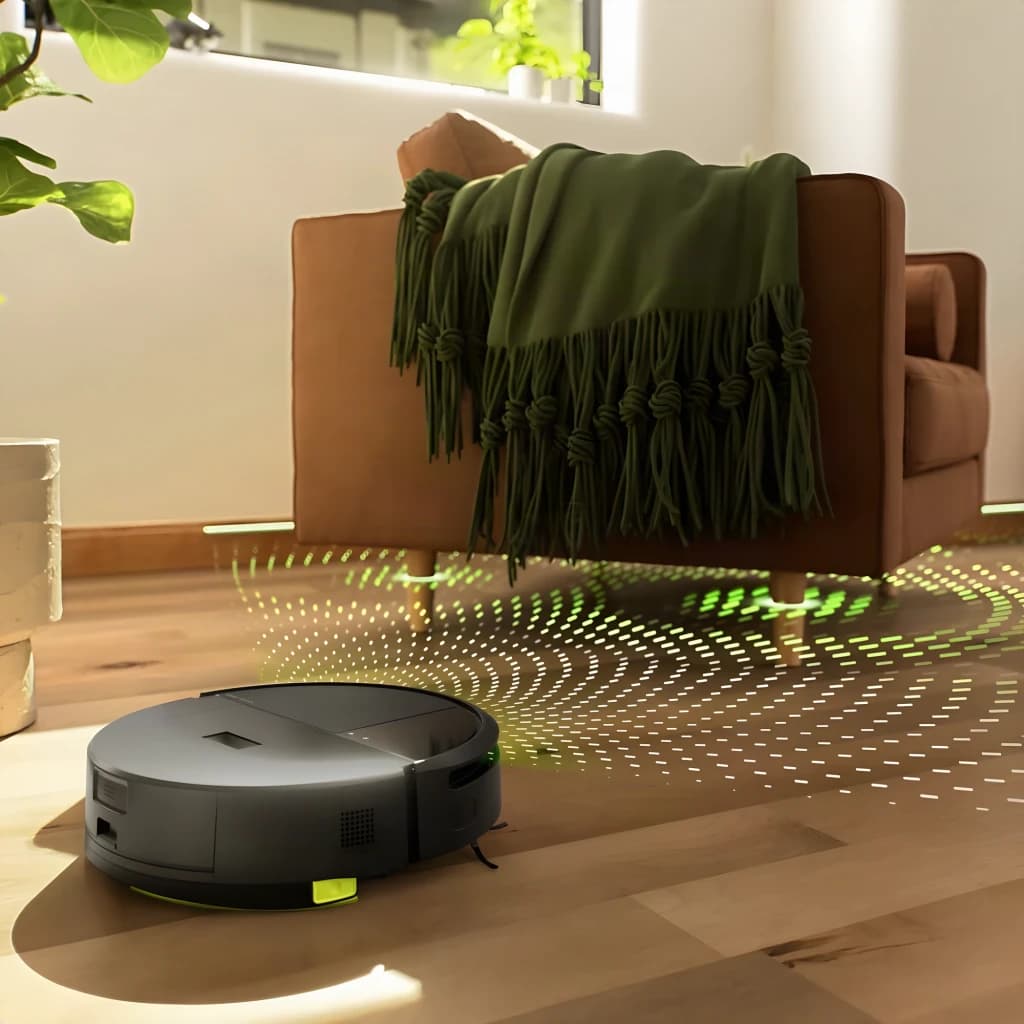 iRobot Roomba 205 noir, en fonctionnement: robot aspirateur sur parquet avec ondes de capteur vertes animées devant un canapé