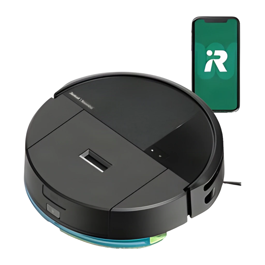 iRobot Roomba 205 preto, vista superior em ângulo: painel superior com botões, sensor e escova lateral amarela - Item4