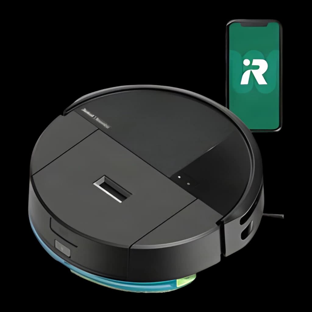 iRobot Roomba 205 noir, vue supérieure en angle: robot aspirateur avec lumière bleue et smartphone affichant l'app iRobot