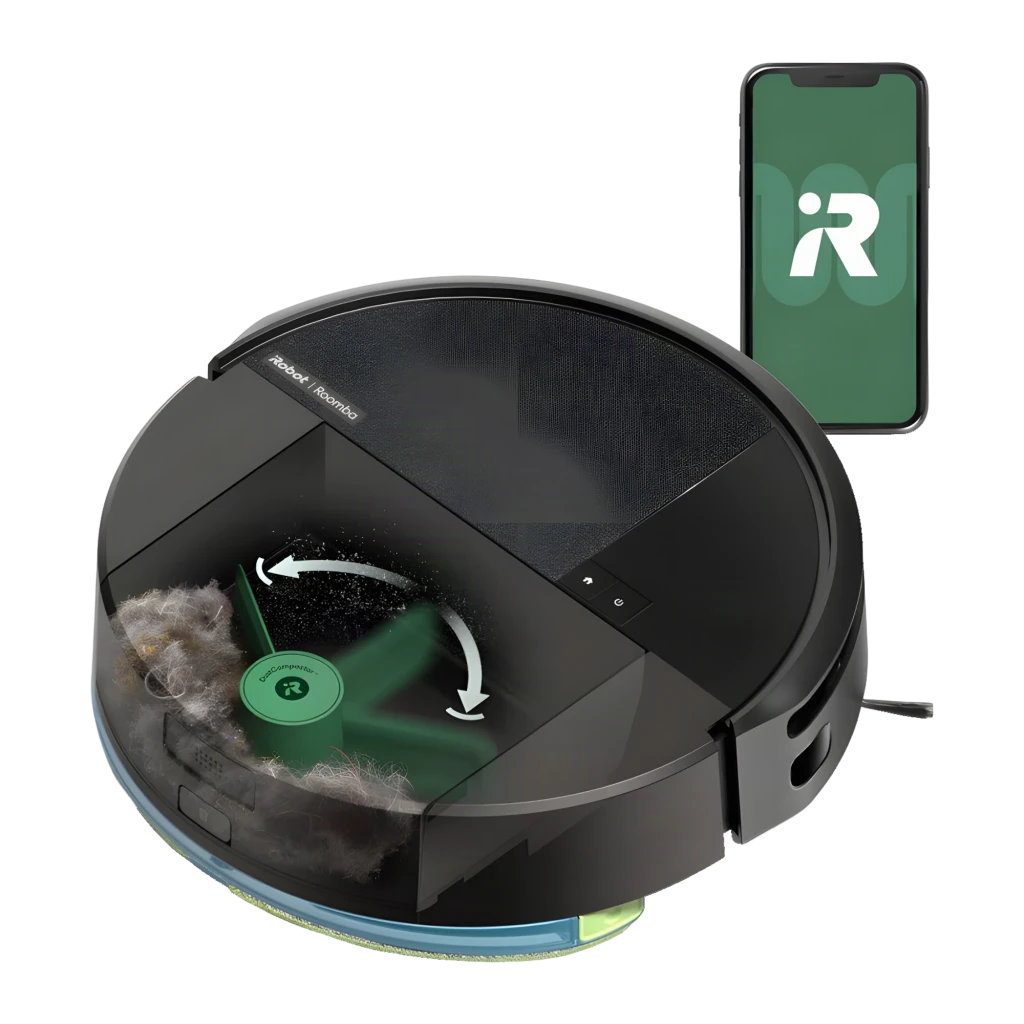iRobot Roomba 205 preto, vista superior em ângulo: painel superior com botões, sensor e escova lateral amarela - Item5
