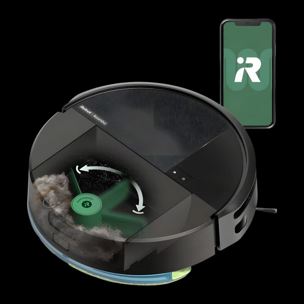 iRobot Roomba 205 noir, vue dessus en coupe: brosse DuoCompositor aspirant les débris et app iRobot sur smartphone