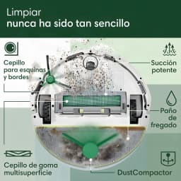 iRobot Roomba 205 noir, infographie dessous: brosse coins, rouleau, serpillière, DustCompactor et aspiration