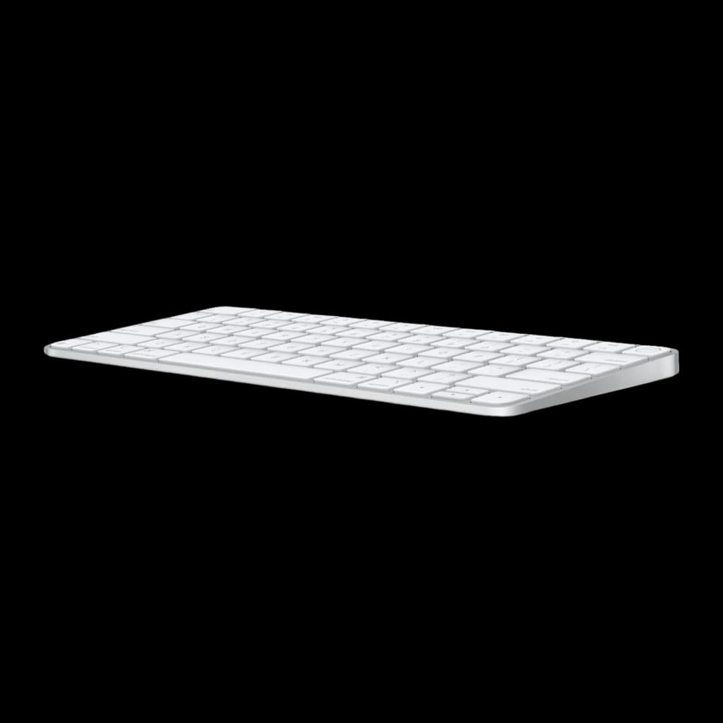 Apple Magic Keyboard Touch ID Argent, vue latérale en perspective: profil fin et base en aluminium argenté