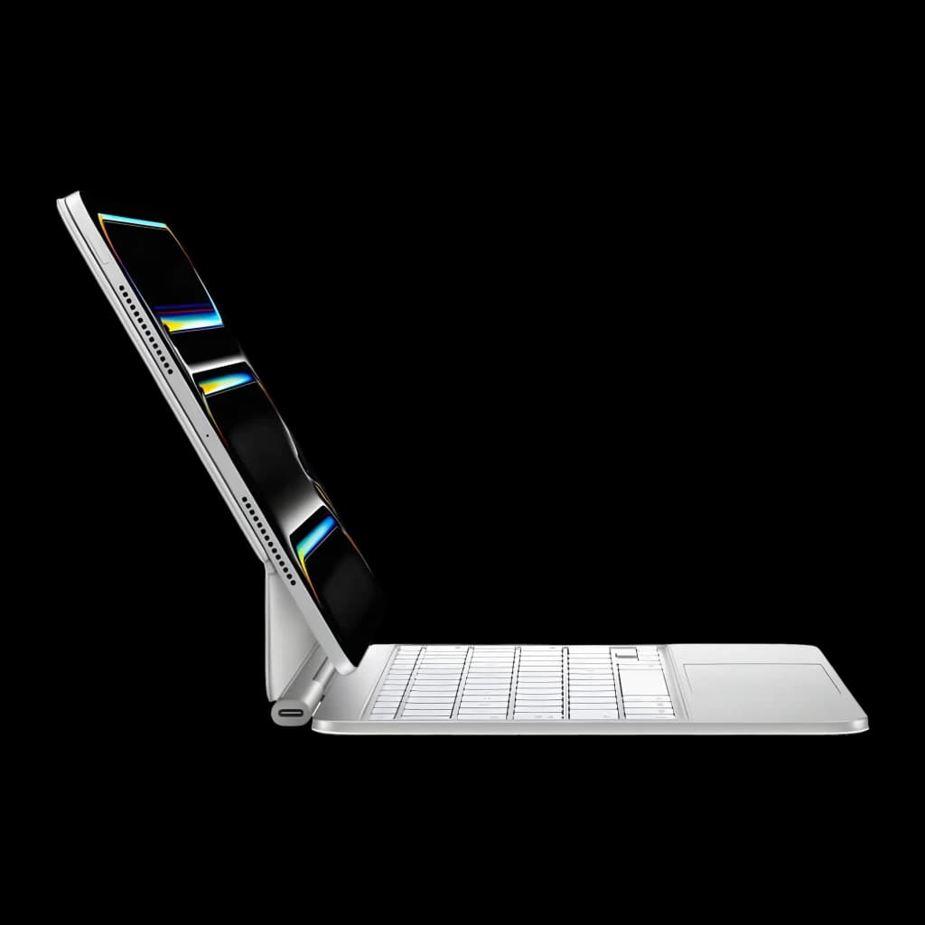 Apple Magic Keyboard Touch ID Argent, vue latérale: clavier avec trackpad et iPad Pro sur support intégré