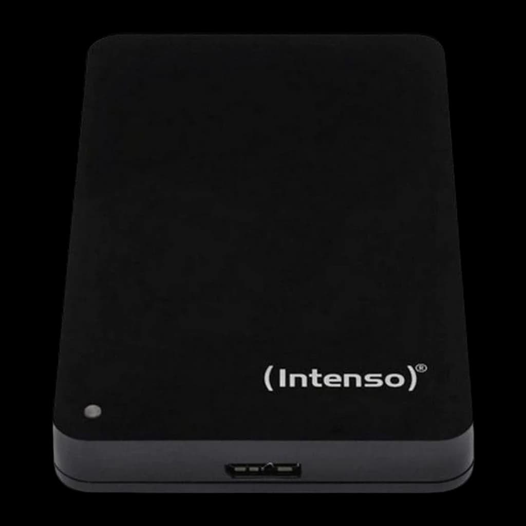Intenso Memory Case 4TB noir, vue de face du dessus: surface mate avec logo, LED indicateur et port USB en bas