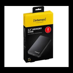 Intenso Memory Case 4TB noir, boîte produit: emballage noir et jaune avec disque dur visible et logo USB 3.0