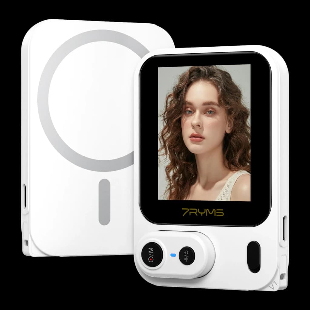 Monitor selfie 7RYMS Qshot V1 Blanco 4K60 con cable / 4K30 inalámbrico USB-C, vista frontal y trasera: pantalla activa
