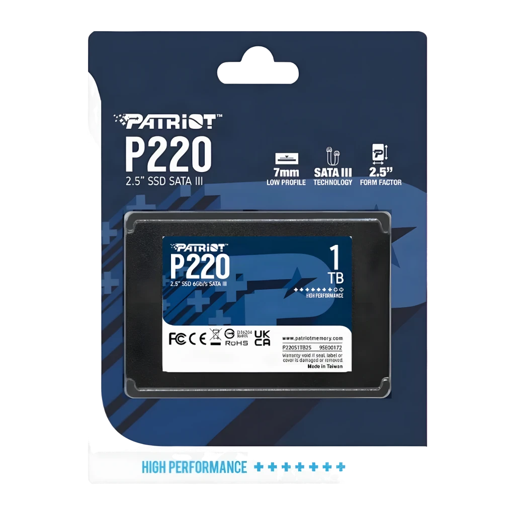 Patriot Memory P220 2TB Preto, vista frontal: etiqueta azul com modelo P220, capacidade 2TB e especificações SATA III - Item3