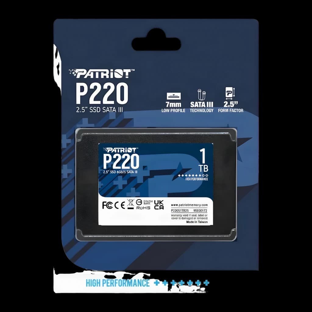 Patriot Memory P220 1TB Negro, packaging: caja azul con SSD 2.5" SATA III visible, iconos 7mm y High Performance