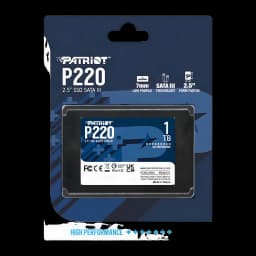 Patriot Memory P220 1TB Negro, packaging: caja azul con SSD 2.5" SATA III visible, iconos 7mm y High Performance