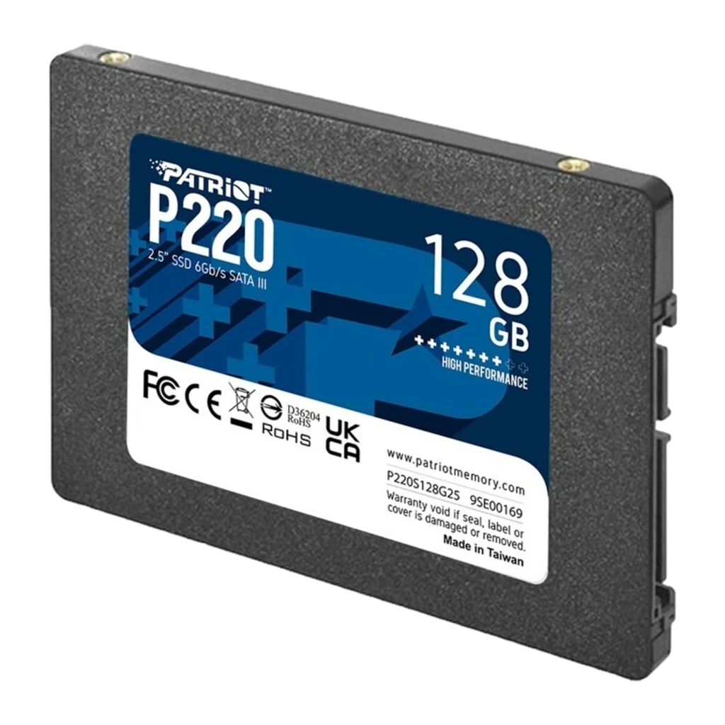 Patriot Memory P220 2TB Preto, vista frontal: etiqueta azul com modelo P220, capacidade 2TB e especificações SATA III - Item1