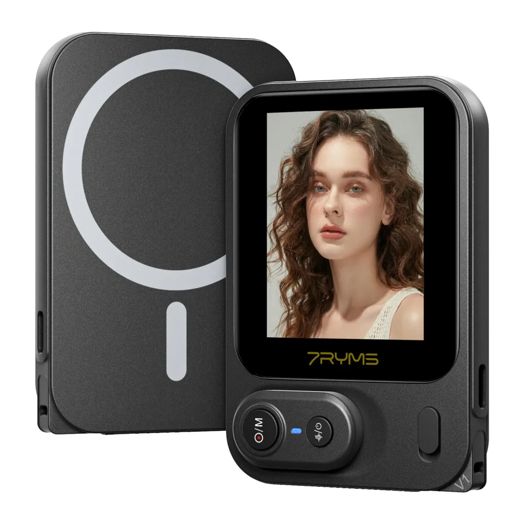 Monitor selfie 7RYMS Qshot V1 Negro 4K USB-C, frontal y trasera: pantalla con retrato, botones y anillo magnético