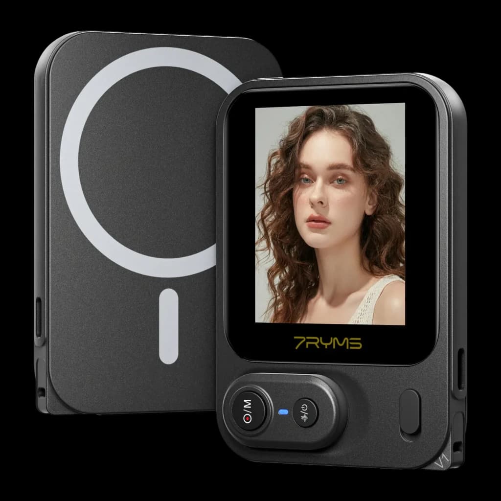 Monitor selfie 7RYMS Qshot V1 Negro 4K USB-C, frontal y trasera: pantalla con retrato, botones y anillo magnético