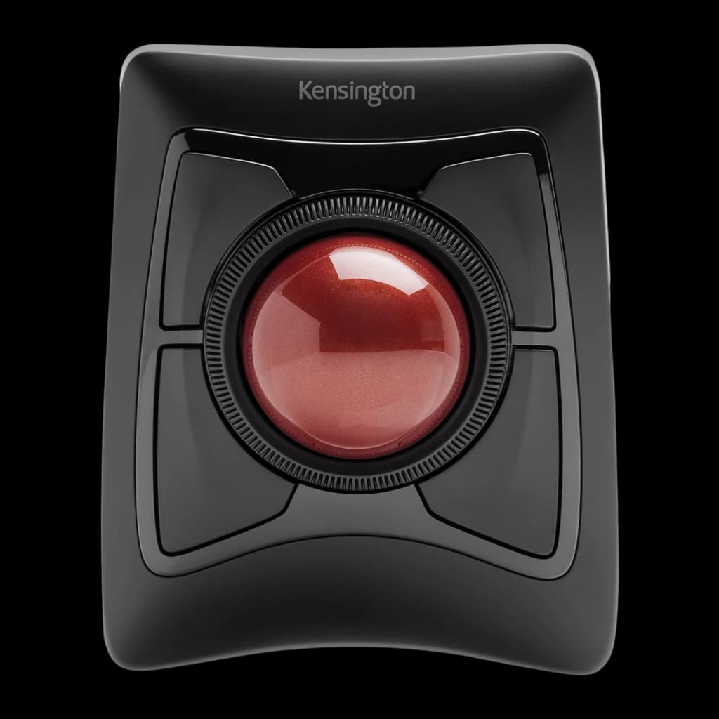 Kensington Expert Mouse Wireless Preto, vista superior: bola vermelha central, anel de rolagem e quatro botões