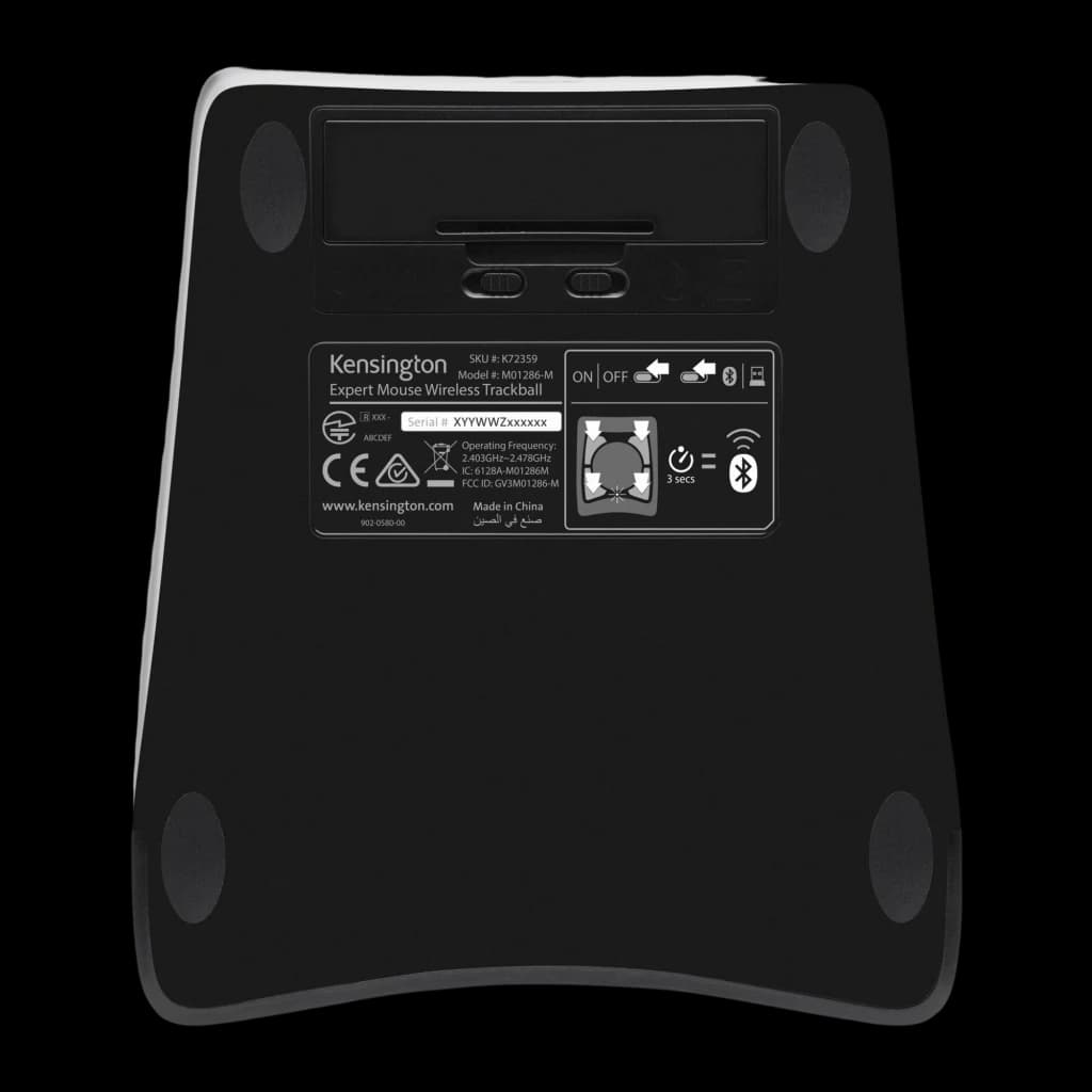 Kensington Expert Mouse Wireless Trackball Preto, vista inferior: etiqueta técnica, pés de borracha e compartimento