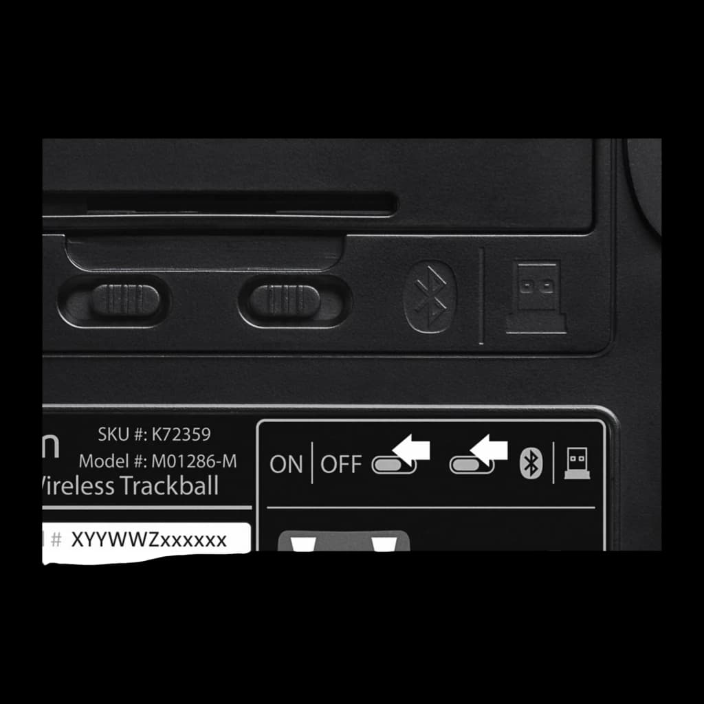 Kensington Expert Mouse Wireless Preto, base inferior: interruptor ON/OFF, botão Bluetooth e slot receptor USB visíveis