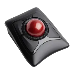 Kensington Expert Mouse Wireless Trackball Preto, vista frontal em ângulo: bola vermelha central, anel scroll e 4 botões