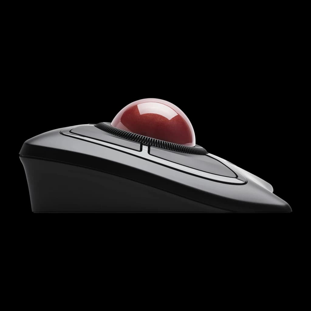 Kensington Trackball Expert Mouse Wireless preto, vista lateral: perfil baixo com bola vermelha proeminente e roda
