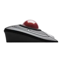 Kensington Trackball Expert Mouse Wireless preto, vista lateral: perfil baixo com bola vermelha proeminente e roda