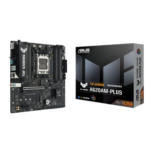 ASUS TUF Gaming A620AM-PLUS mATX, placa-mãe e caixa: socket AM5, slots DDR5 e painel traseiro visíveis ao lado da embalagem