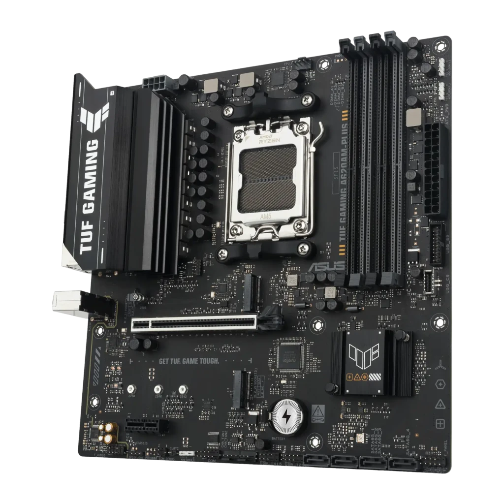 ASUS TUF Gaming A620AM-PLUS mATX, placa-mãe e caixa: socket AM5, slots DDR5 e painel traseiro visíveis ao lado da embalagem - Item2