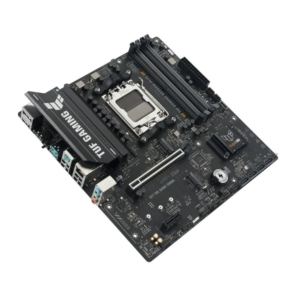 ASUS TUF Gaming A620AM-PLUS mATX, placa-mãe e caixa: socket AM5, slots DDR5 e painel traseiro visíveis ao lado da embalagem - Item3